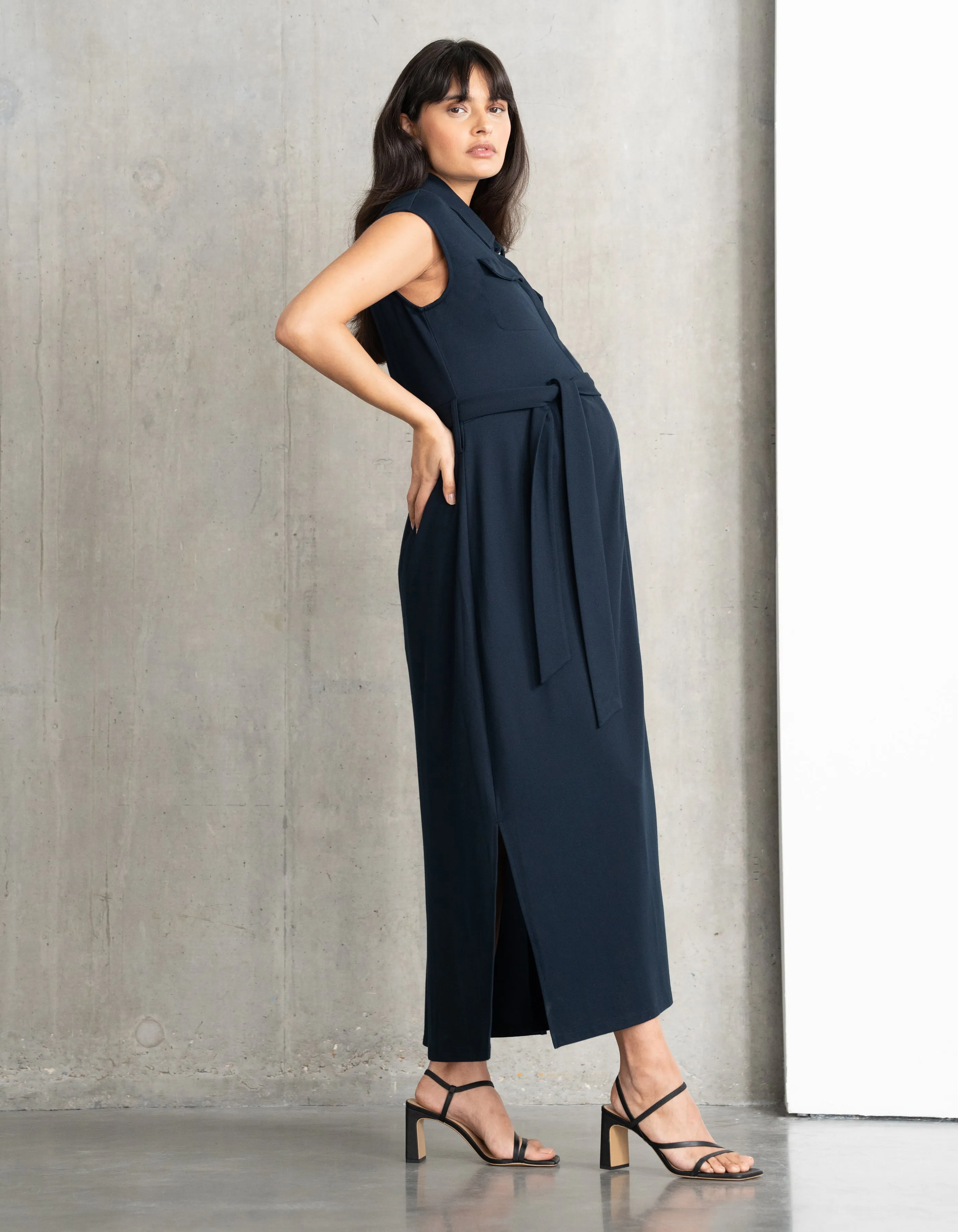 Comfort-Tailored Belted Maxi Maternity Dress