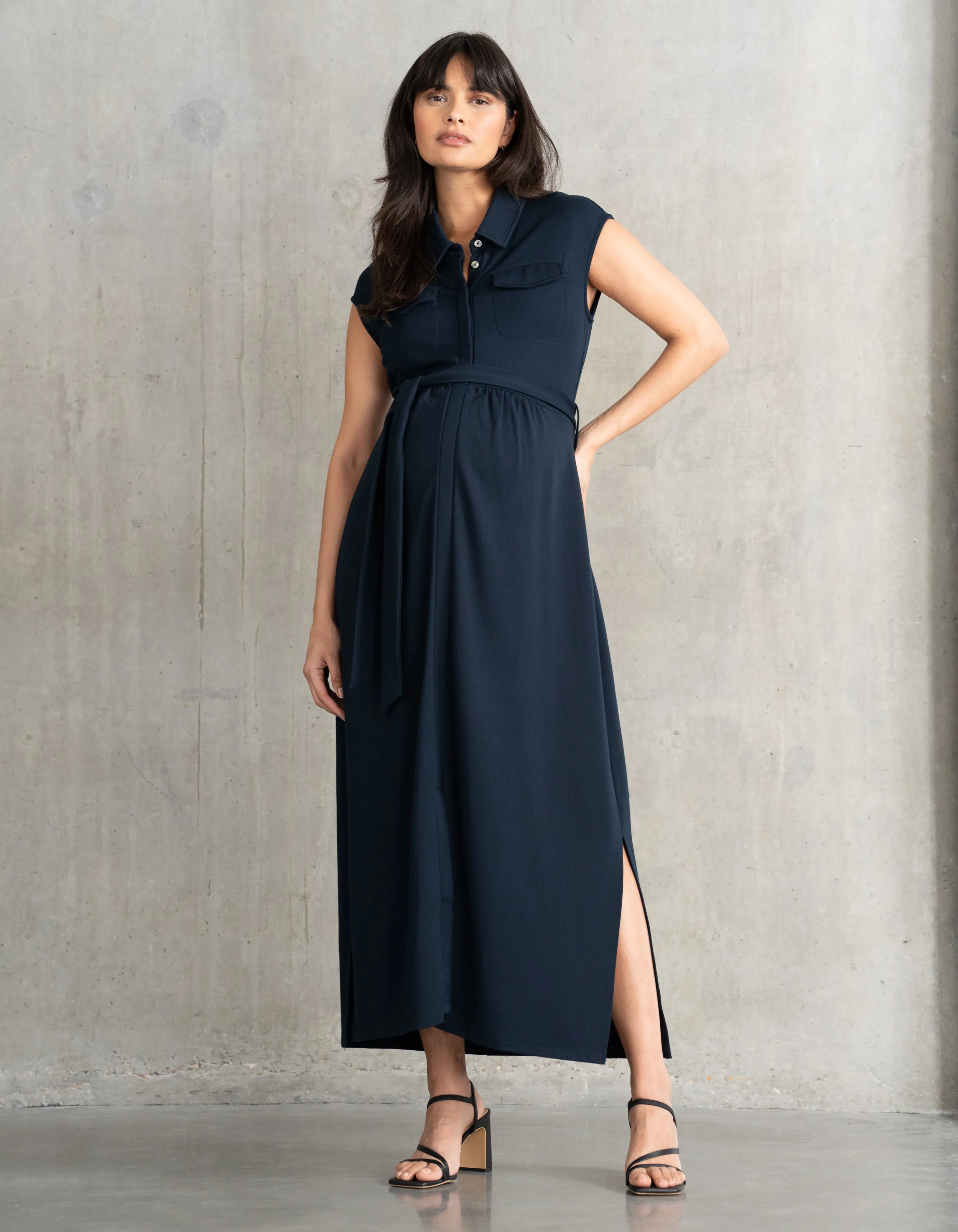 Comfort-Tailored Belted Maxi Maternity Dress