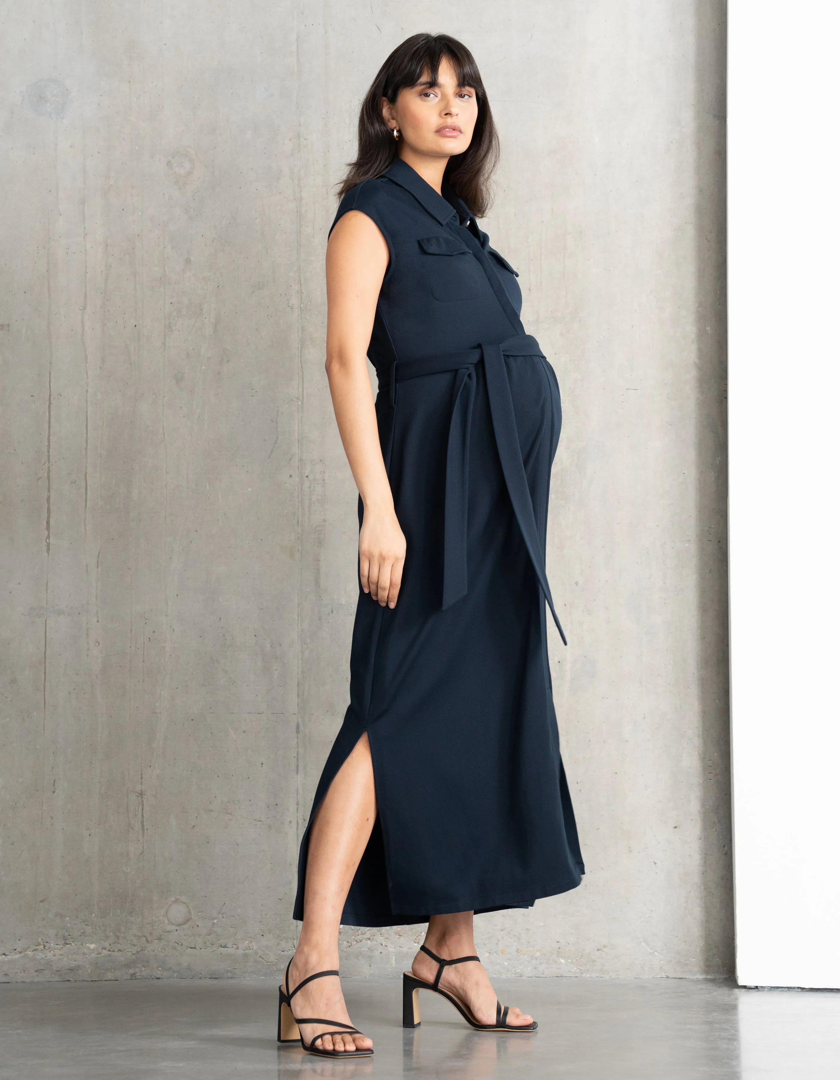 Comfort-Tailored Belted Maxi Maternity Dress
