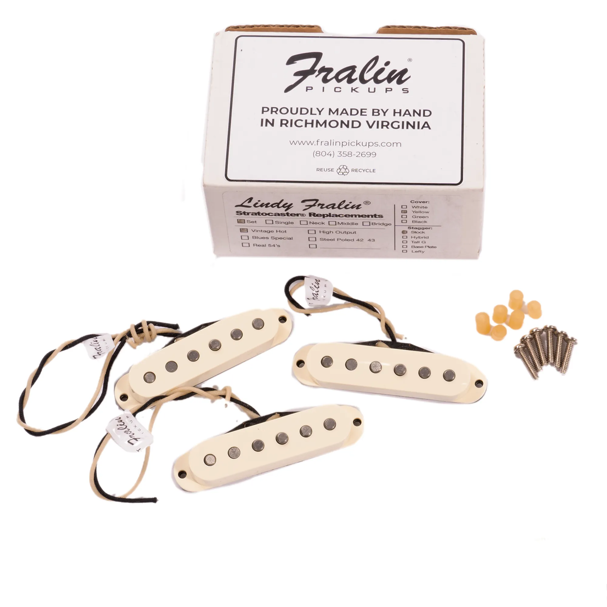 Fralin Vintage Hot Single Coil Strat Electric Guitar Pickup Set, Parchment, Stock Stagger