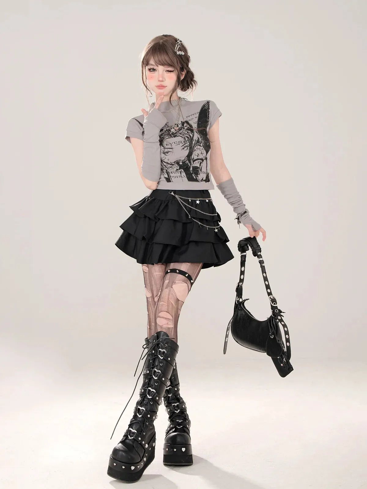 Short Turtleneck   Small T-Shirt Print Gray Globe Illustration Sleeve