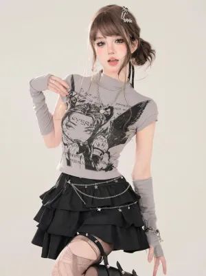 Short Turtleneck   Small T-Shirt Print Gray Globe Illustration Sleeve