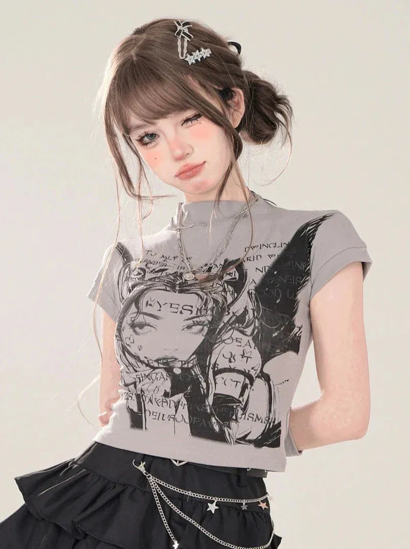 Short Turtleneck   Small T-Shirt Print Gray Globe Illustration Sleeve