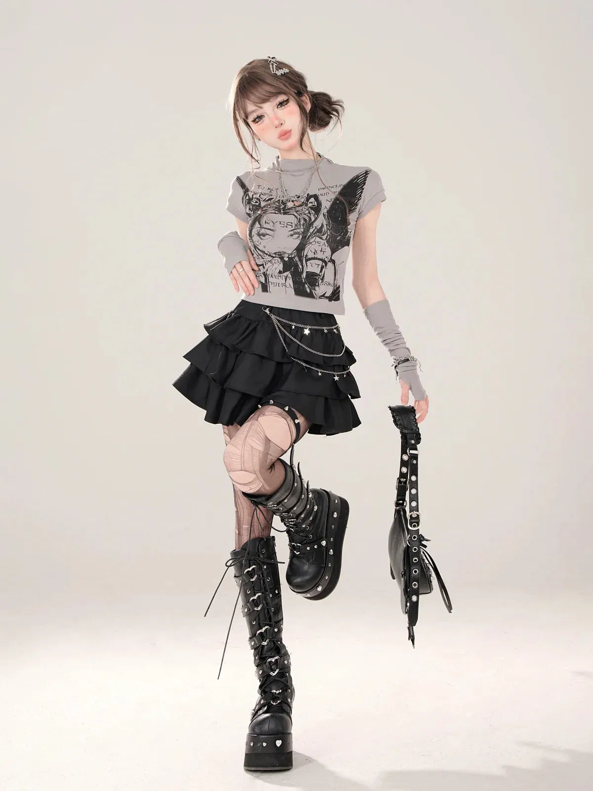 Short Turtleneck   Small T-Shirt Print Gray Globe Illustration Sleeve