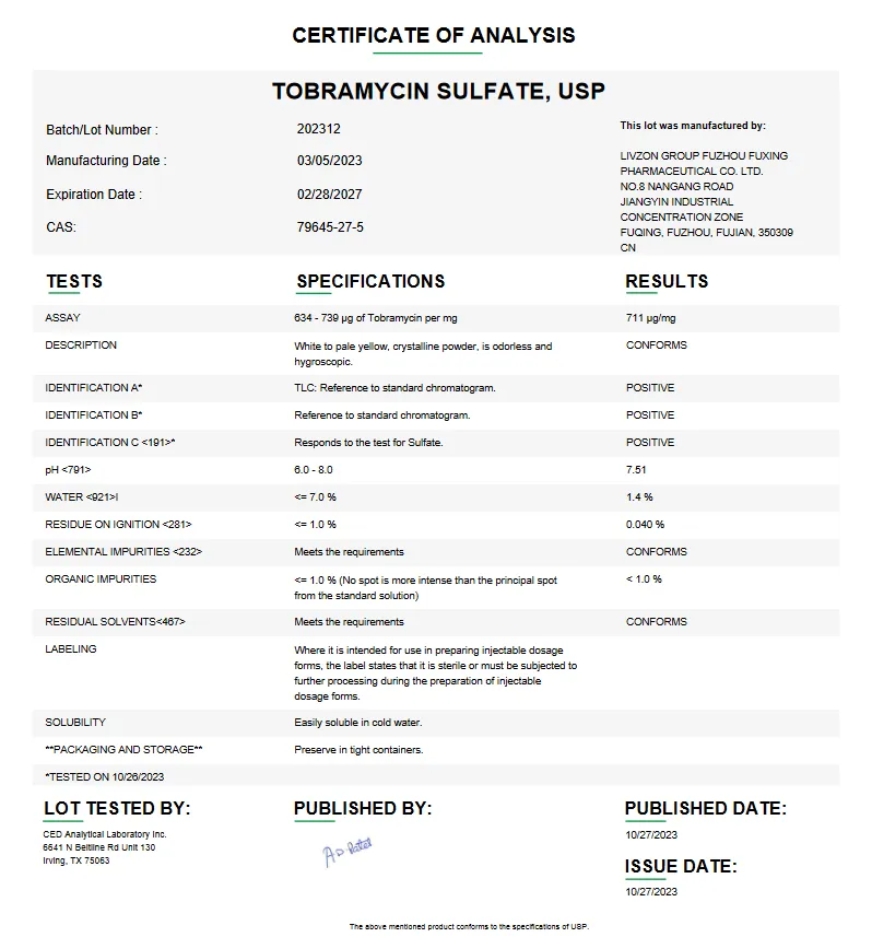 Tobramycin Sulfate USP For Compounding (API)