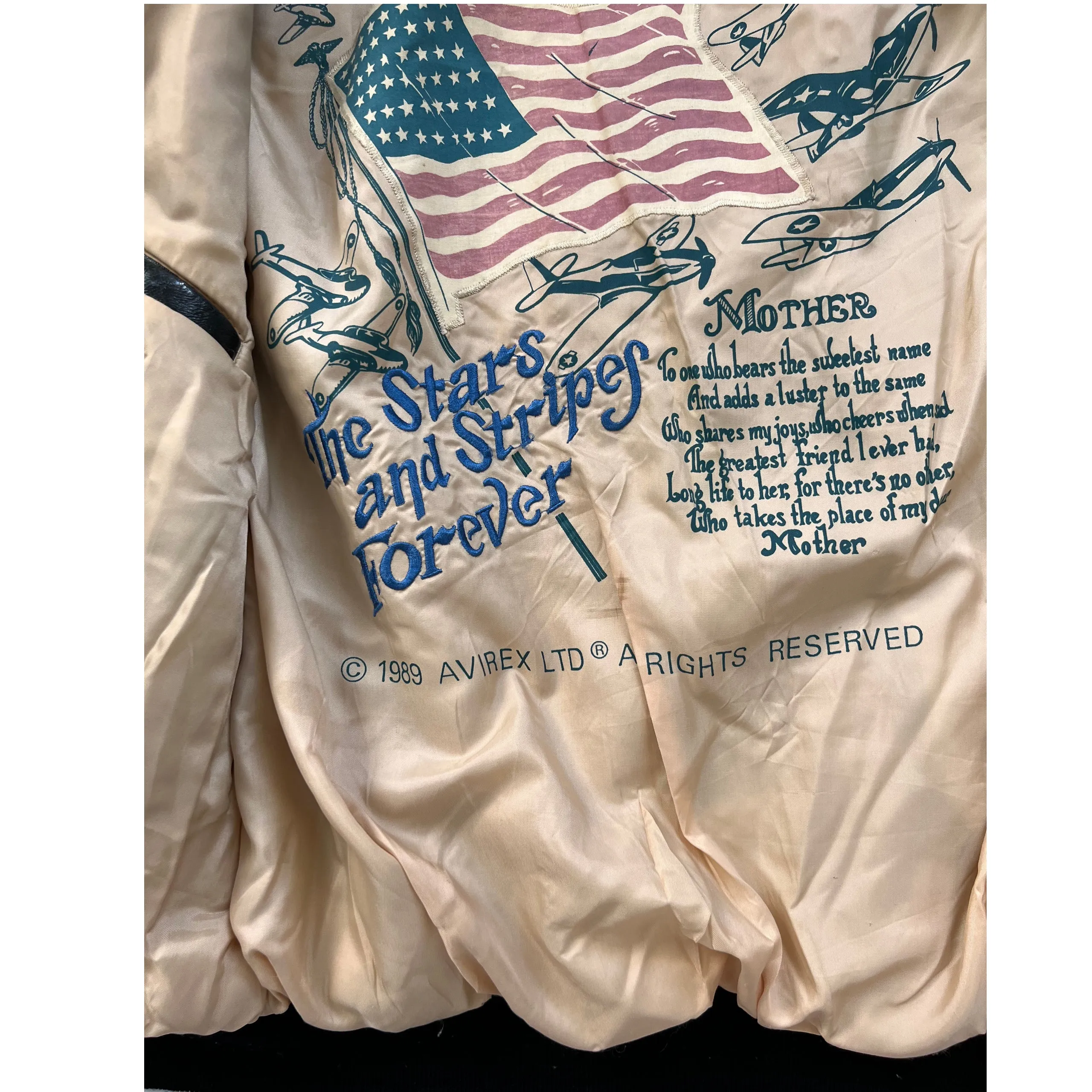 Vintage 89 Avirex A-2 Leather Flight Bomber Jacket Large Stars & Stripes Forever. XL