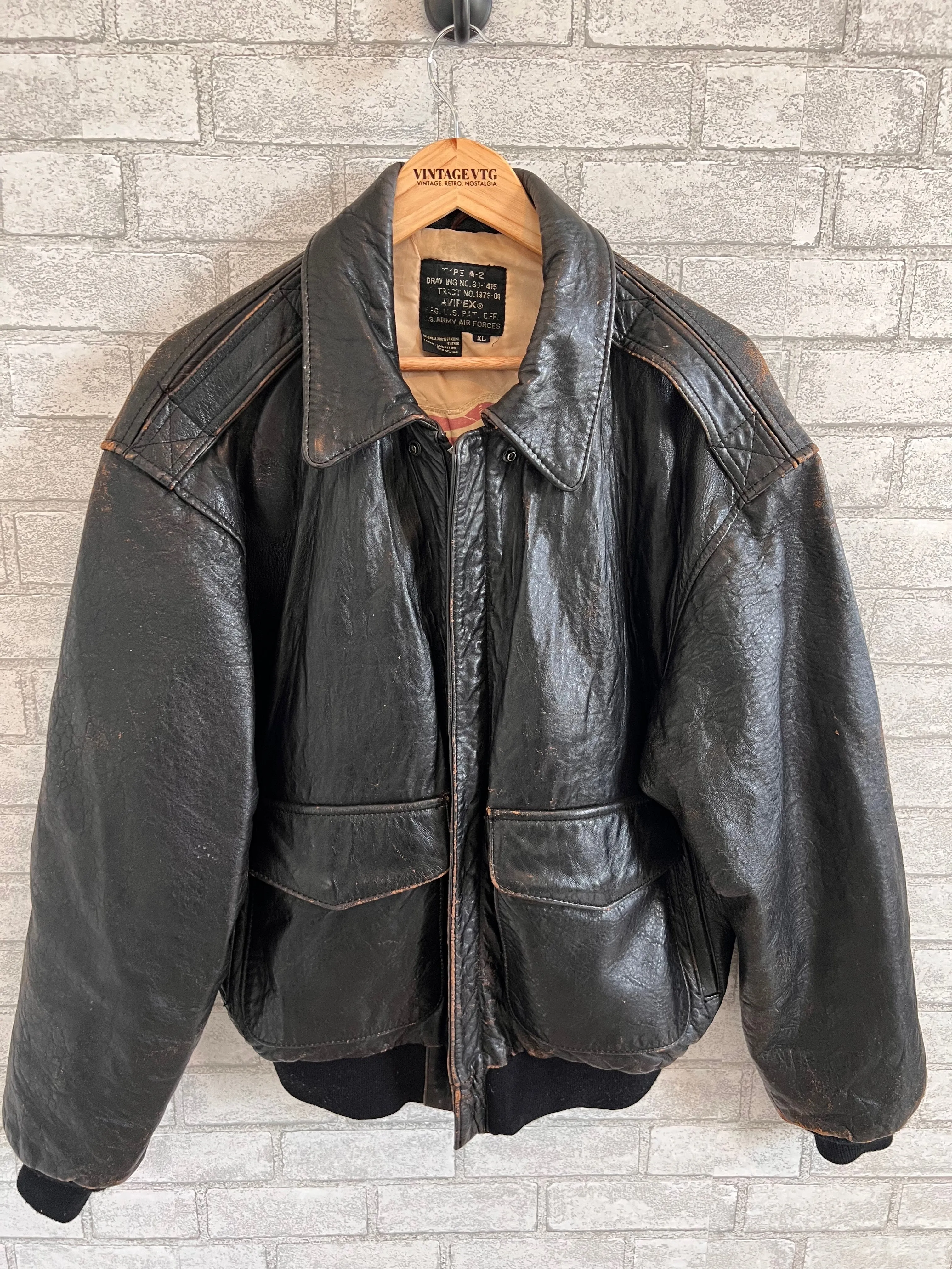 Vintage 89 Avirex A-2 Leather Flight Bomber Jacket Large Stars & Stripes Forever. XL