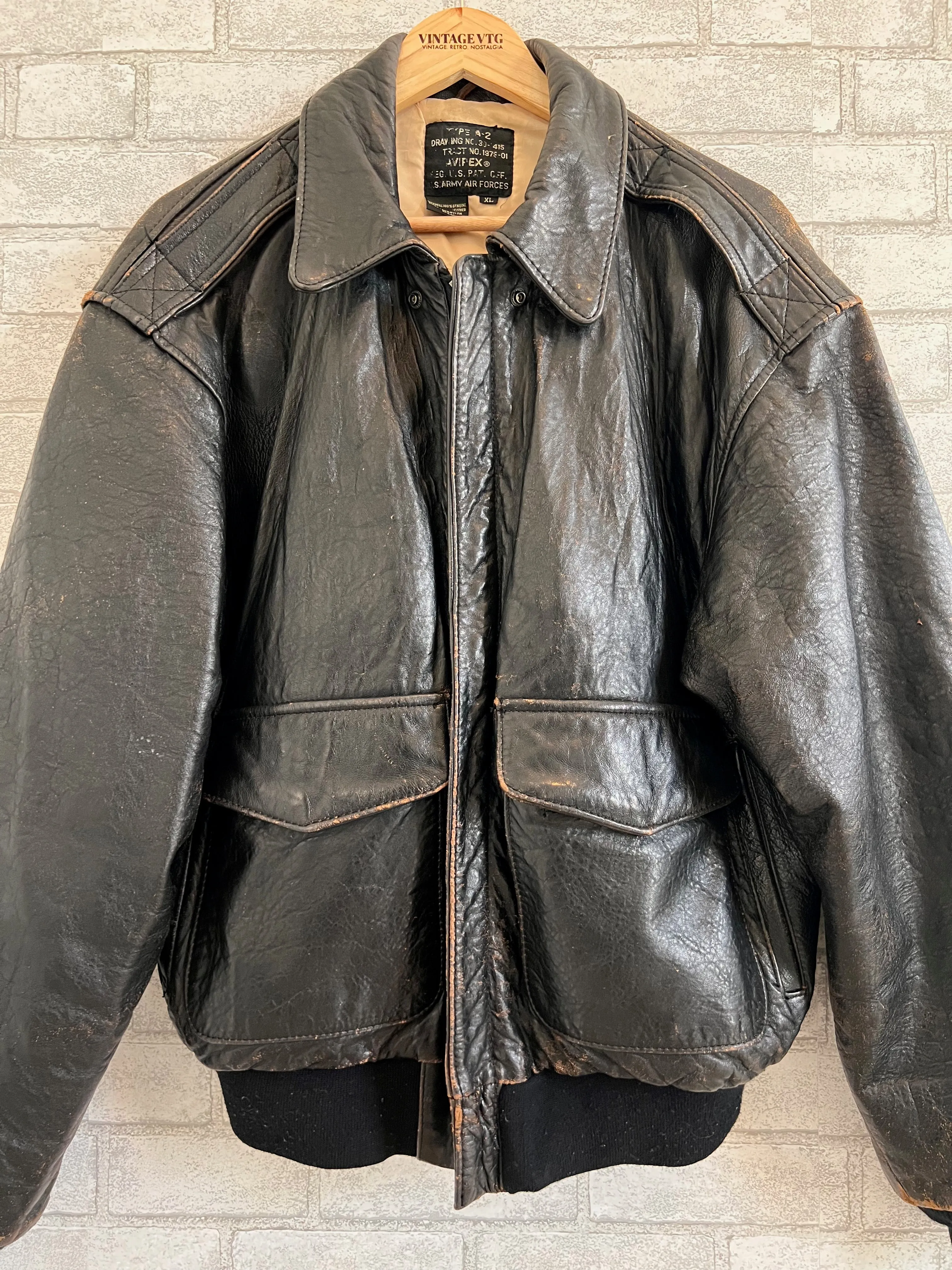 Vintage 89 Avirex A-2 Leather Flight Bomber Jacket Large Stars & Stripes Forever. XL
