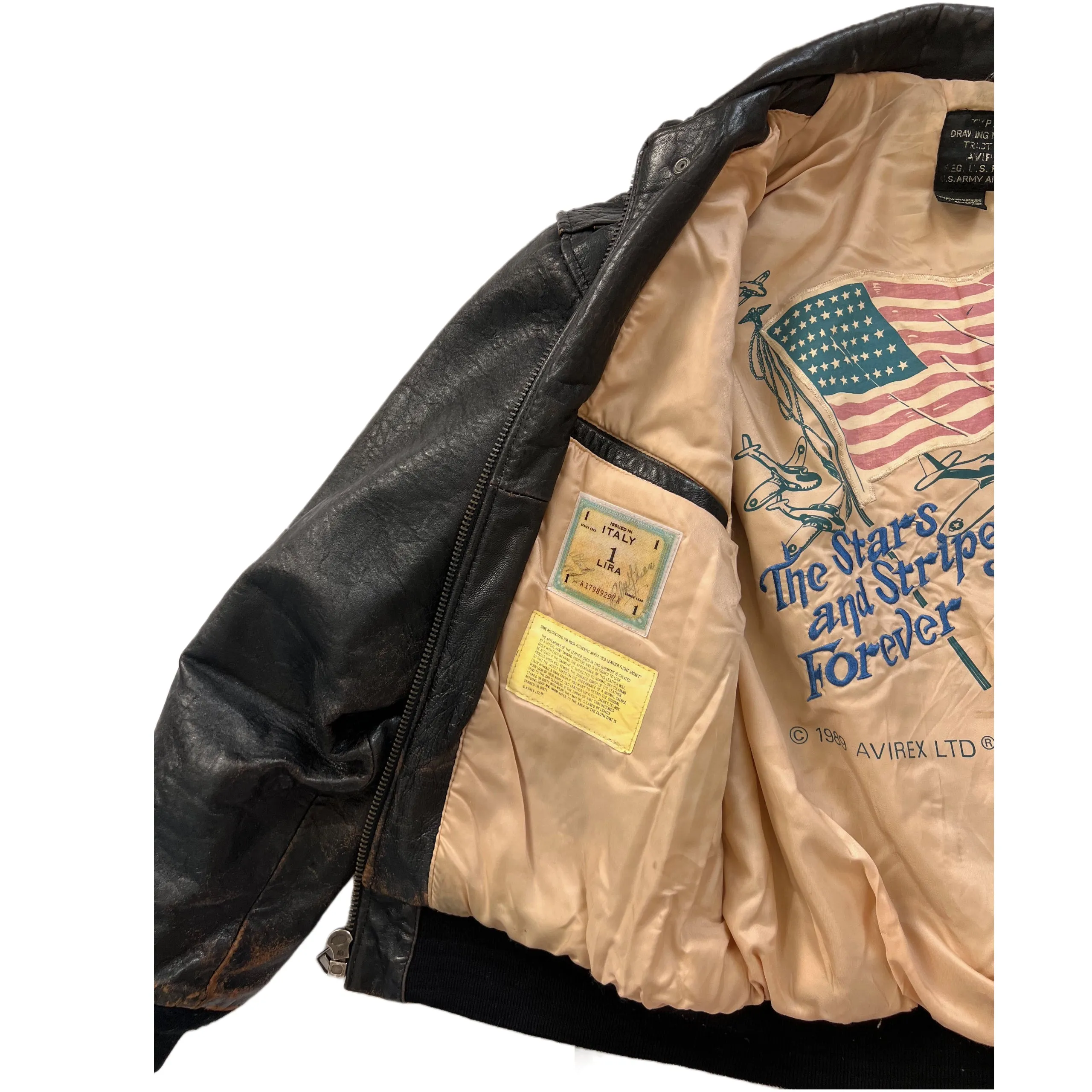 Vintage 89 Avirex A-2 Leather Flight Bomber Jacket Large Stars & Stripes Forever. XL