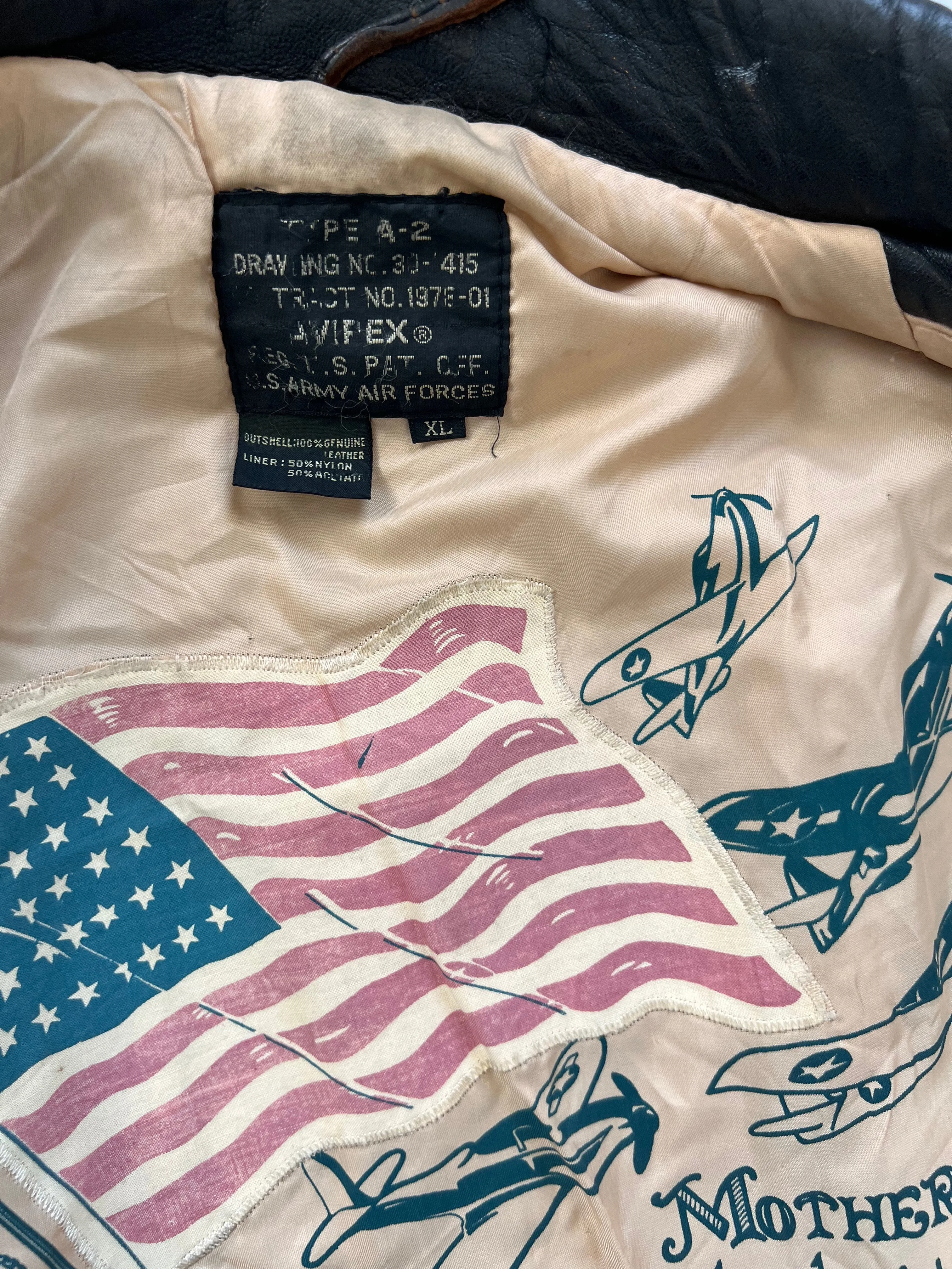 Vintage 89 Avirex A-2 Leather Flight Bomber Jacket Large Stars & Stripes Forever. XL